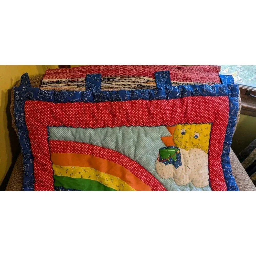 80s Wall Hanging Baby Quilt Rainbow Painter Artist Boy Primary Colors Decor Vtg